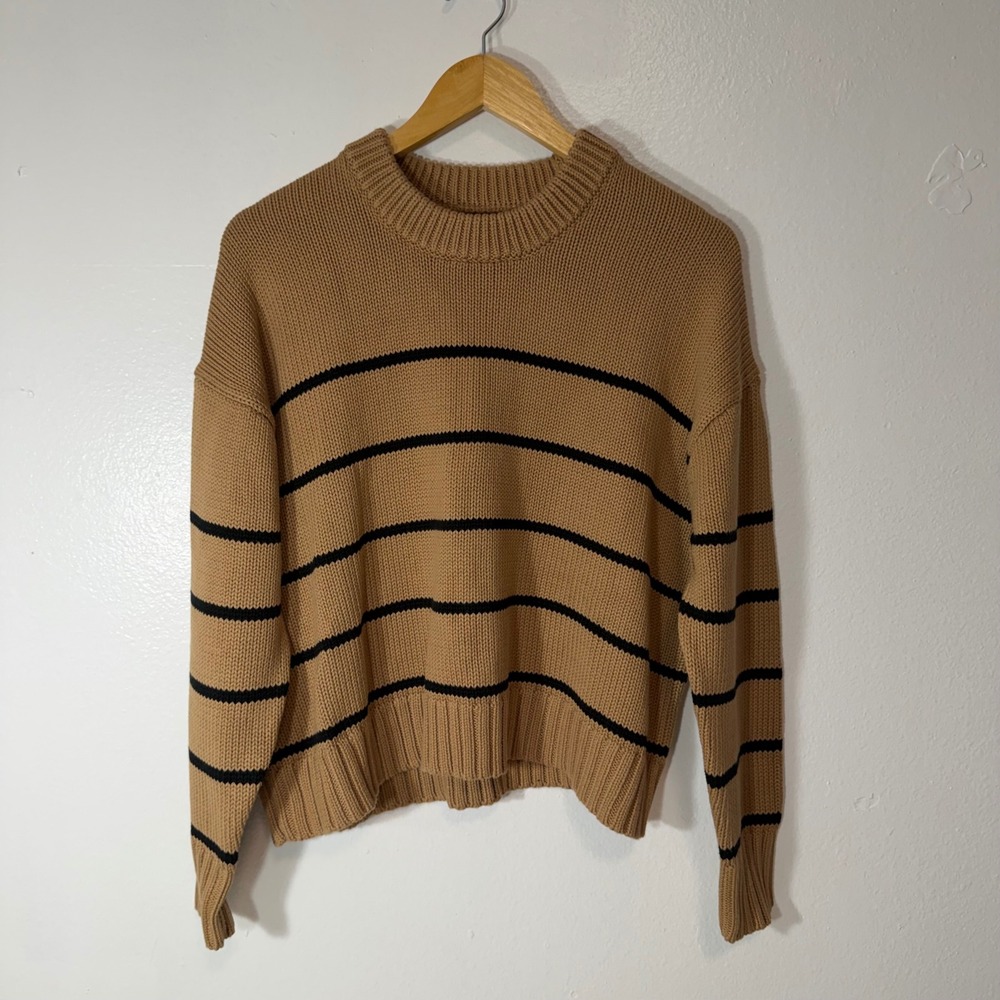 Quince Organic Cotton Boyfriend Crew Sweater Striped Camel Black Mens Medium - Picture 2 of 6